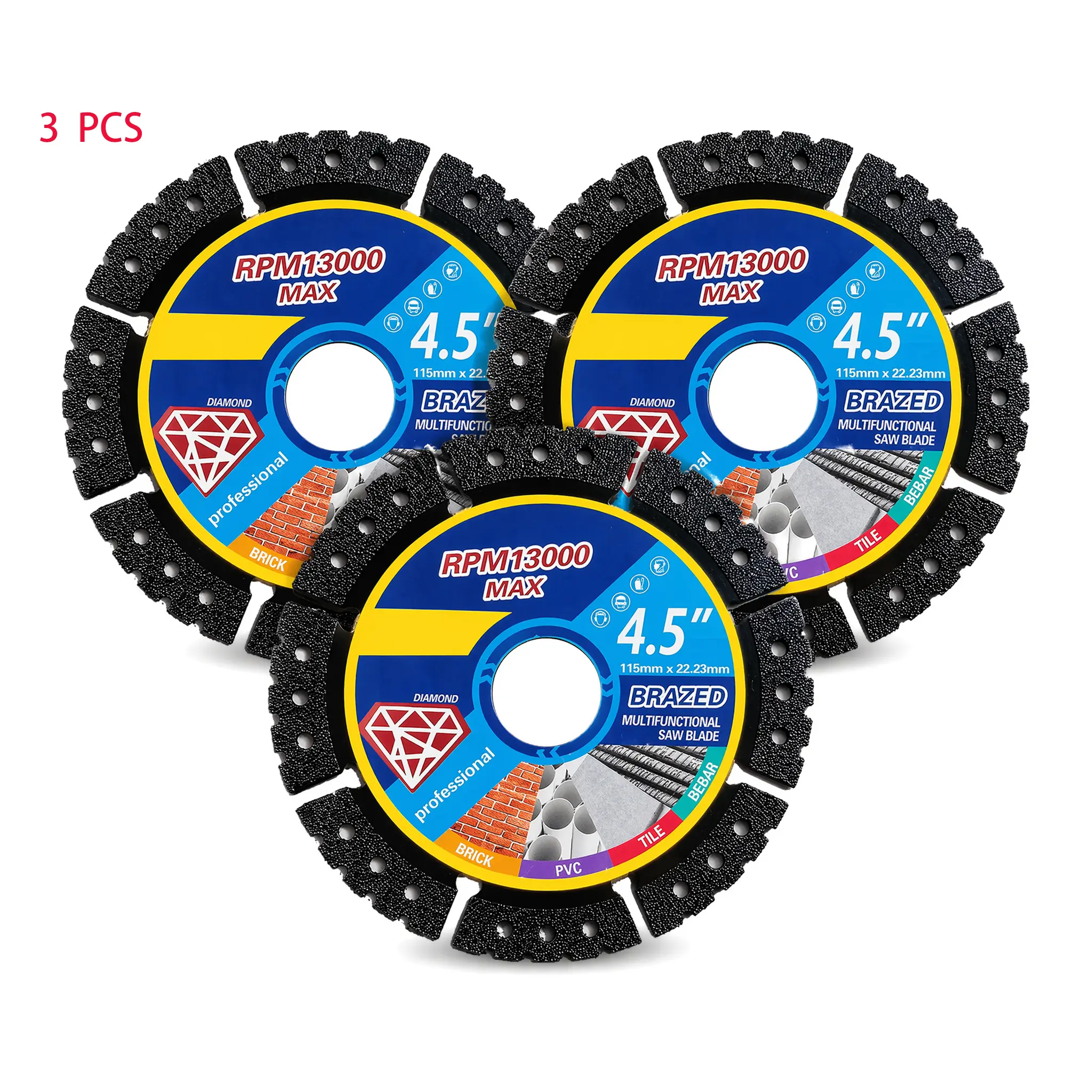 4.5 Inch Brazed Diamond Saw Blade 3PCS Set, 115mm x 22.23mm, Multi-Functional Cutting Wheel for Brick, Tile, PVC, Rebar, Metal, Stone, Max RPM 13000, Universal for Angle Grinders