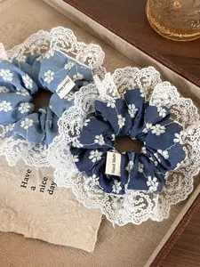 1pcs Women's Summer Denim Embroidered Lace Flower Hair Tie, Korean Style Floral Fabric Headband, High-End Hair Accessory