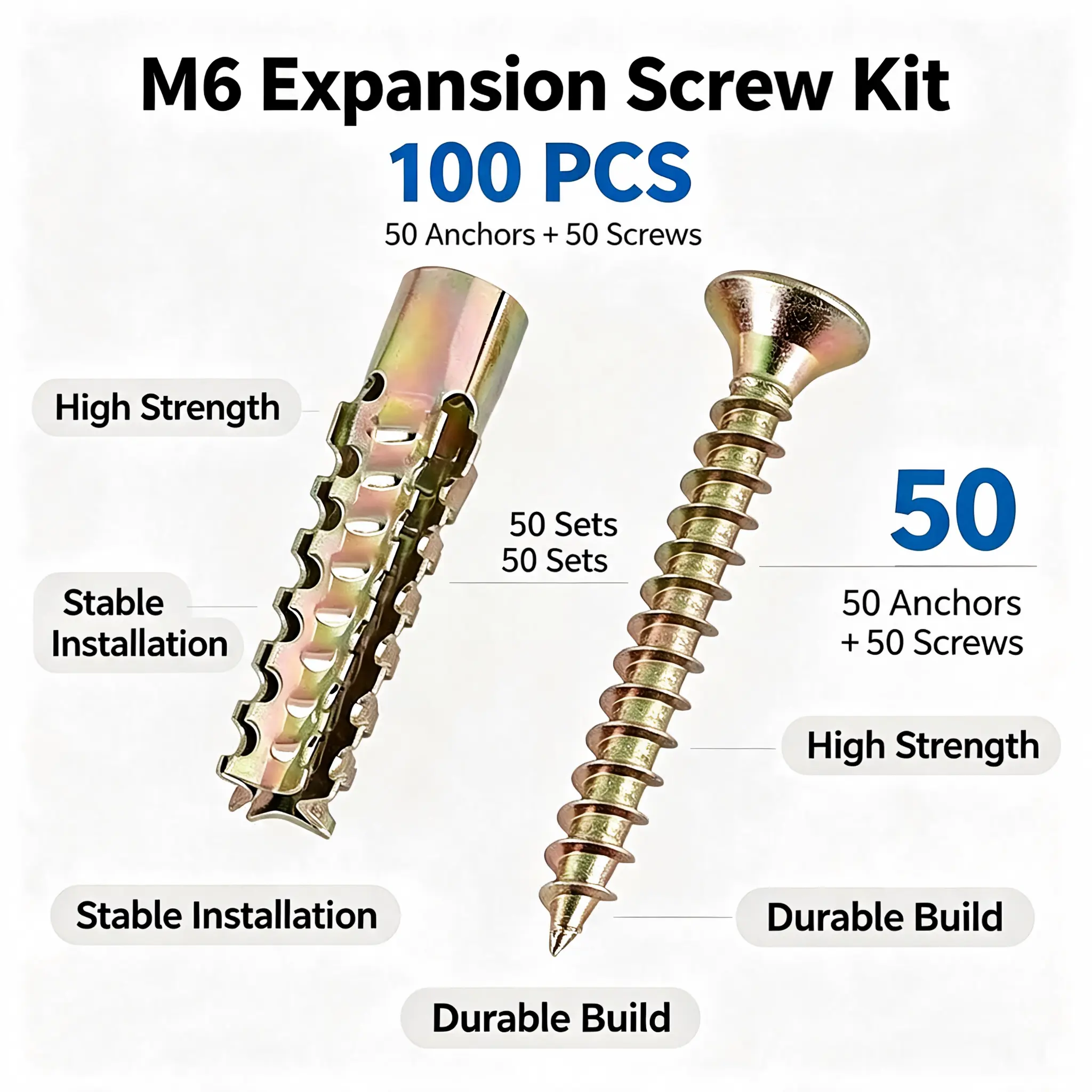M6 Metal Expansion Anchor Screws Set, Heavy-Duty Wall Mounting Fixing Kit for Concrete, Bricks, Shelves & Cabinets