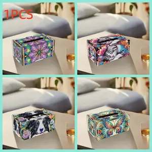 1 piece diamond painting art set tissue box, cat, puppy, butterfly, floral pattern with special shape diamond part mosaic handmade tissue storage box set, modern home dining room living room desktop art decoration