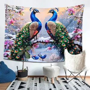 Large Wall Art Hanging Rug Print, Wall Tapestry, Peacock Design, Flower & Snow Scene Background, Ideal for Bedroom Office Living Room Decor