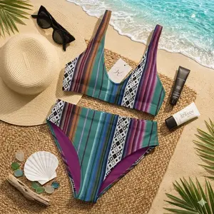 Mexican Aztec Recycled High-Waisted Bikini - Boho Two Piece Swimsuit - Women