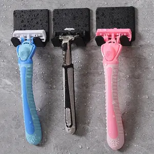 Three-Piece No-Drill Adhesive Shaving Rack & Command Towel Hook Set, Wall-Mounted Bathroom Storage, Plastic Material, Suitable for Tiles, Mirrors, Doors