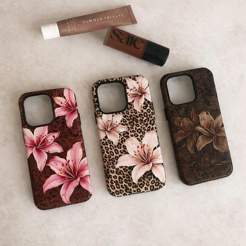 [non-magnetic]Leopard Print Floral,for Girls iPhone Case with Pink Lilies Durable Shockproof Cover for iPhone 17 16 15 14 13  Pro Max Plus Air 7 8 GalaxyS26 S25 S24 S23 Ultra Plus FE  Tough Accessories Trendy  Polycarbonate TPU Impact Resistant