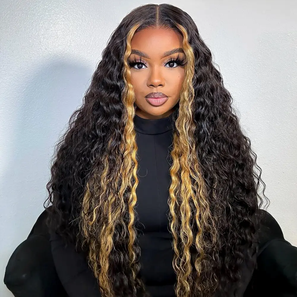[Bohemian Curls] Megalook 13x6 Lace Front Human Hair Wig Highlight Brown Natural Wave Wig with Drawstring Pre Cut and Pre Plucked Three-Go Install