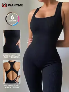 Women's V-Back Scrunch Rib-Knit Sleeveless Seamless Jumpsuit, Womenswear Tummy Control Hollow-Out Back Ribbed Jumpsuit, Daily Wear and Workout Jumpsuit