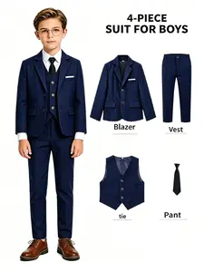 Boys Formal 4-Piece Suit Set, Available in Black/Navy, Blazer + Vest + Trousers + Tie, Premium Wrinkle-Resistant & Polished, Perfect for Birthday Parties, Weddings, Graduations & Anniversary Celebrations, No Shirt Included--19133