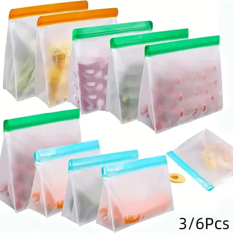 Reusable Bag, 3/6 Counts Leak Proof Food Storage Bag, Freezer Bag for Home Kitchen, Preserving Container, Summer for Gift, Sealable Container