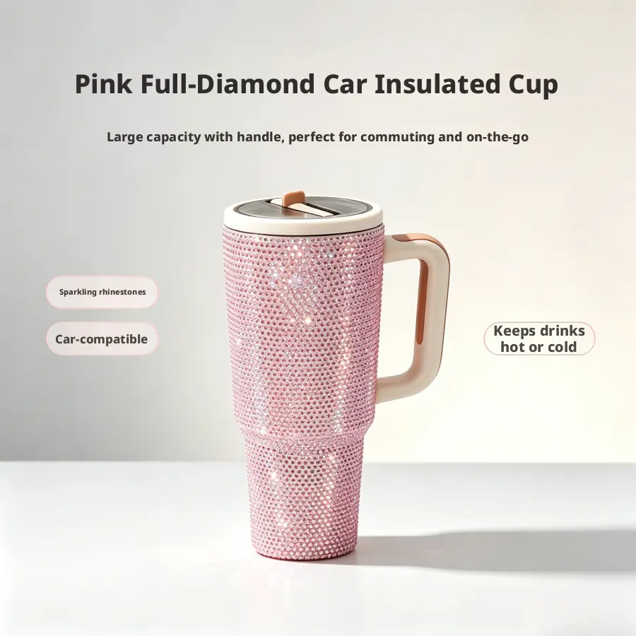 Stylish Large 40oz Pink Full Rhinestone Tumbler with Handle, Reusable Vacuum Insulated Stainless Steel Beverage Travel Mug with Straw Lid, Car Interior Accessory Gifts for Women, Glamour