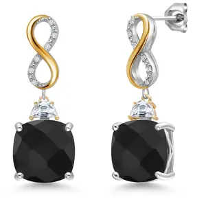 Gem Stone King 925 Silver and 10K Yellow Gold Black Onyx and Moissanite and White Lab Grown Diamond Dangle Earrings for Women | 11.52 Cttw | Gemstone December Birthstone | Cushion Checkerboard 12MM