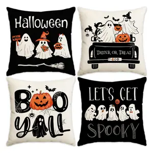 4pcs Halloween Pillow Set, Ghost, Pumpkin Head, Bat Printed Sofa Cushion Set, Happy Halloween Trick or Treat Party Decoration Pillow Set, Suitable for Bedroom, Living Room, Sofa, Farmhouse, Bed, Car Decoration Pillow Set (No Pillow Core)