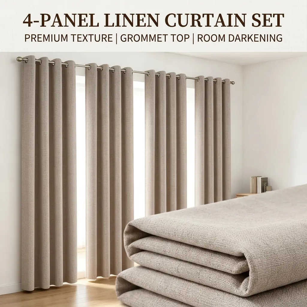 4 Panel Linen Blackout Curtains for Bedroom and Living Room, 100% Light Blocking, Wrinkle Free, Odorless, Modern Home Decor