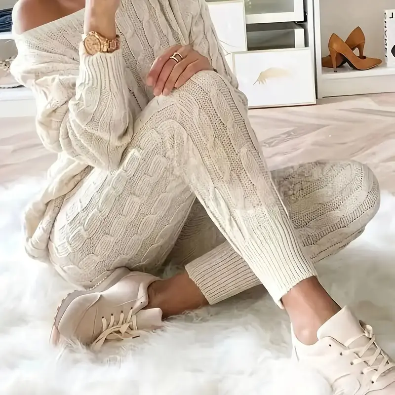 Women's Solid Fitted Sweater & Pants Set, Casual Fashion Cozy Everyday Long Sleeve Top & Trousers for Fall, 2 Piece Sets Women, Women's Fall Knitwear Outfits, Sweater Sets, Sweater Co-ords, Womenswear, Style, Clothes