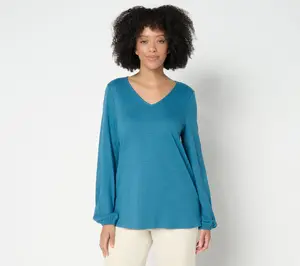 Belle by Kim Gravel Slub Knit V Neck Blouson Sleeve Top