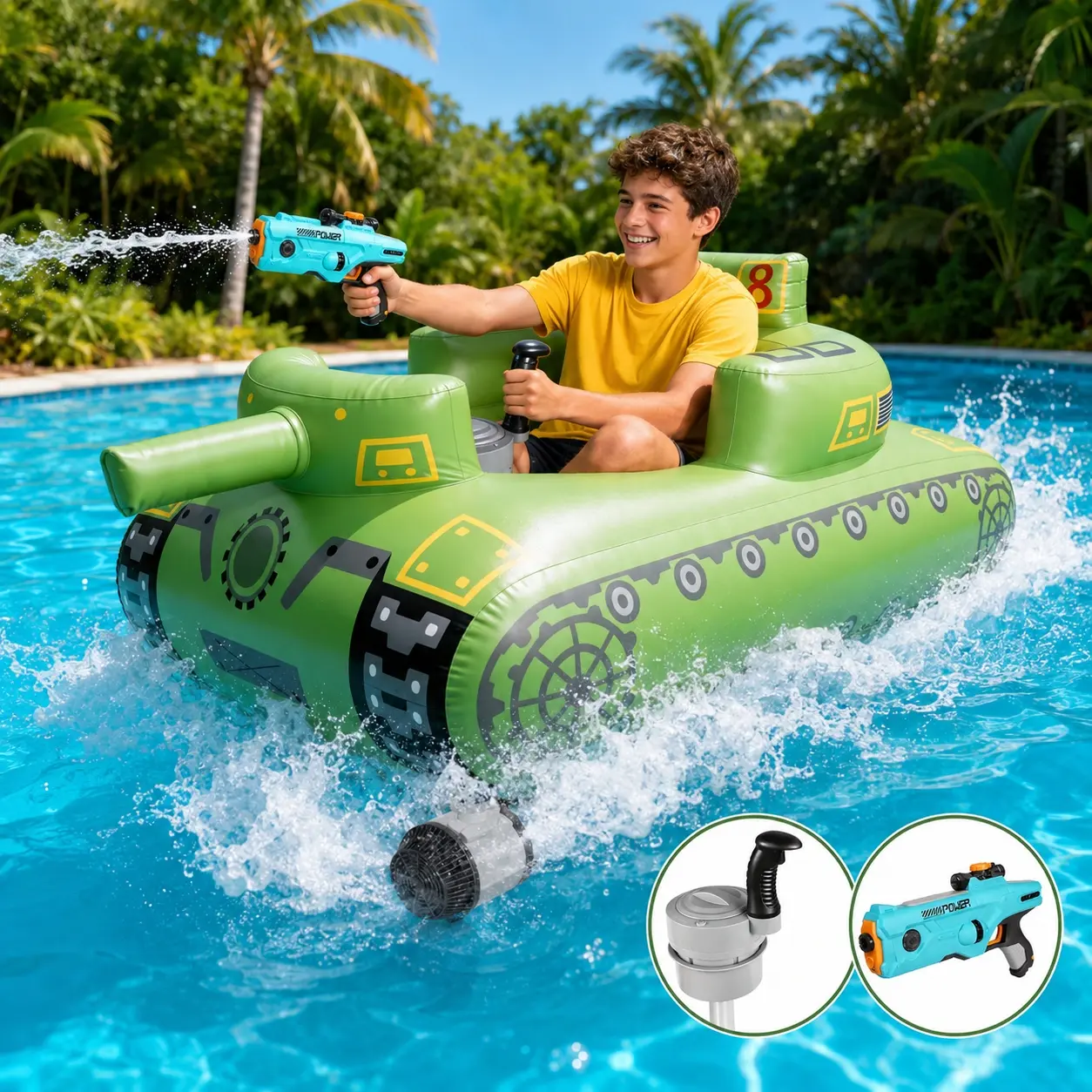 Electric Tank Boat Pool Float with Water Cannon, beach,pool,Motorized Inflatable Ride-On Toy, Perfect for Pool Parties, Summer Vacations and Water Games,Gift of Father's Day
