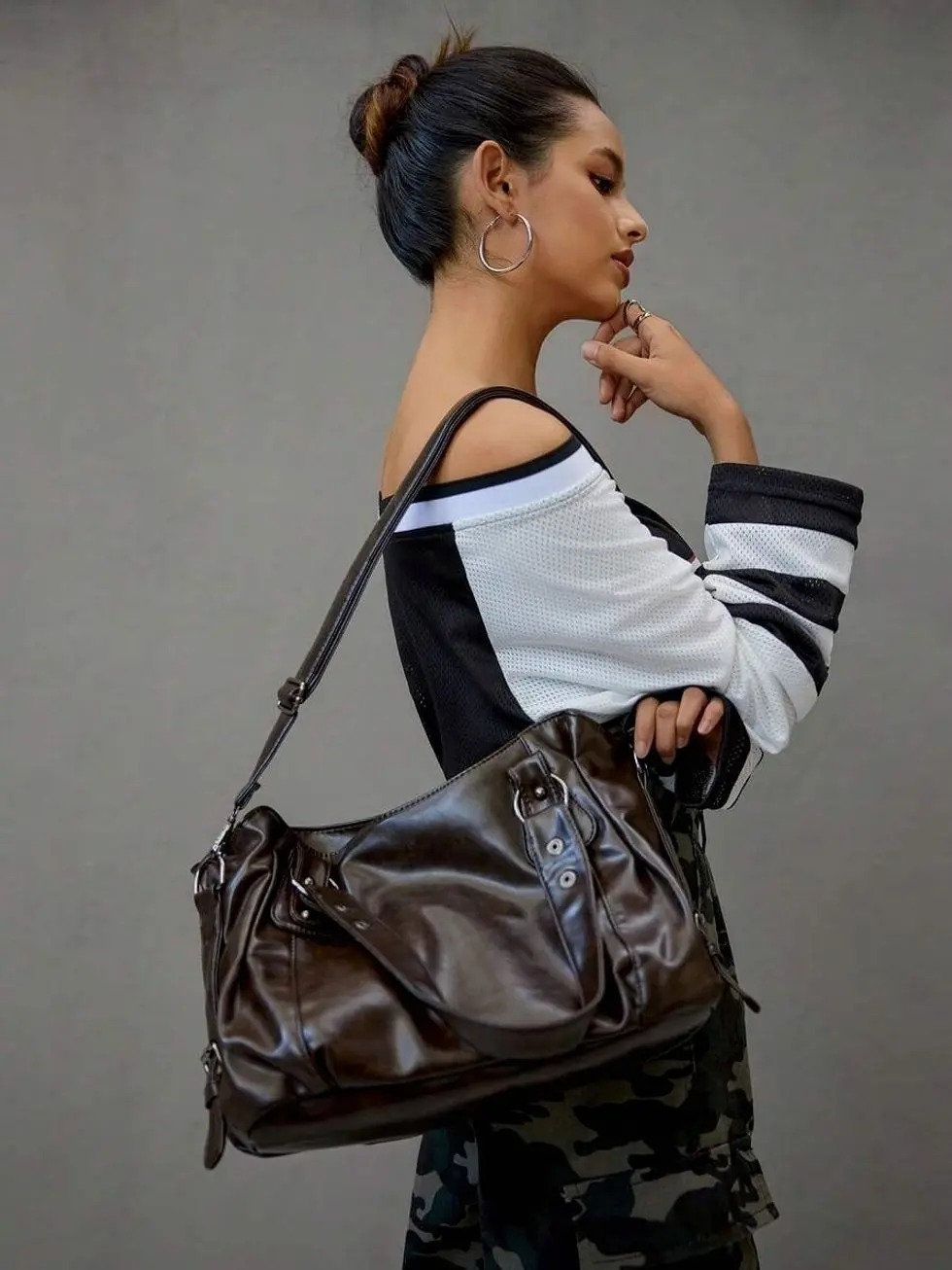 Women’s Chocolate Brown Oversized Shoulder Bag, Slouchy Faux Leather Hobo Tote with Buckle Strap, Y2K Vintage Everyday Travel Purse