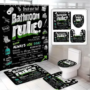 Funny Bathroom Rules Chalkboard Theme Shower Curtain Set, Includes Bath Mat, Toilet Seat Cover, U-Shaped Pad, Elegant Home Decor Gift