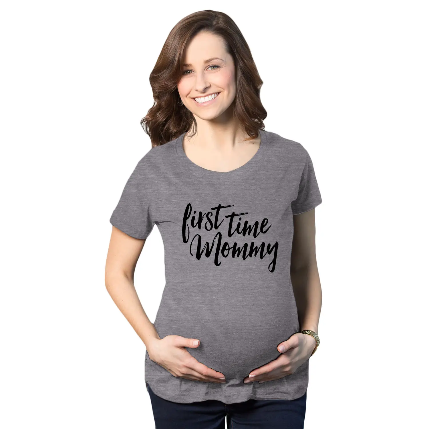 Maternity First Time Mommy Pregnancy T shirt Cute Belly Bump Tee Mother to Be Funny Graphic Maternity Tee Cute Pregnancy Tees With Plus Sizes Pregnant Mother's Day Maternity Wear Maternity Shirts Dark Grey