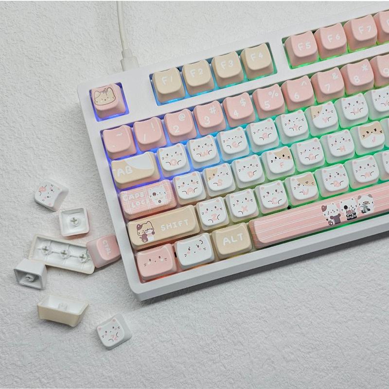 Cat Head Theme PBT Keycaps, Cute Personality PBT Keycaps, Keyboard Keycap Set Suitable for 61/64/68/84/87/100/104/108 Cherry MX Mechanical Keyboard Gaming Keyboard Accessories
