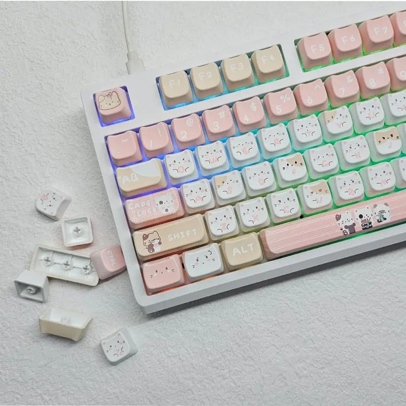 Cat Head Theme PBT Keycaps, Cute Personality PBT Keycaps, Keyboard Keycap Set Suitable for 61/64/68/84/87/100/104/108 Cherry MX Mechanical Keyboard Gaming Keyboard Accessories