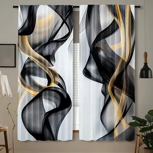 2-Piece set, artistic abstract line design printed curtains, wavy black and white gray gold design, translucent privacy protection, perfect for living room, bedroom, bathroom and kitchen home decoration.