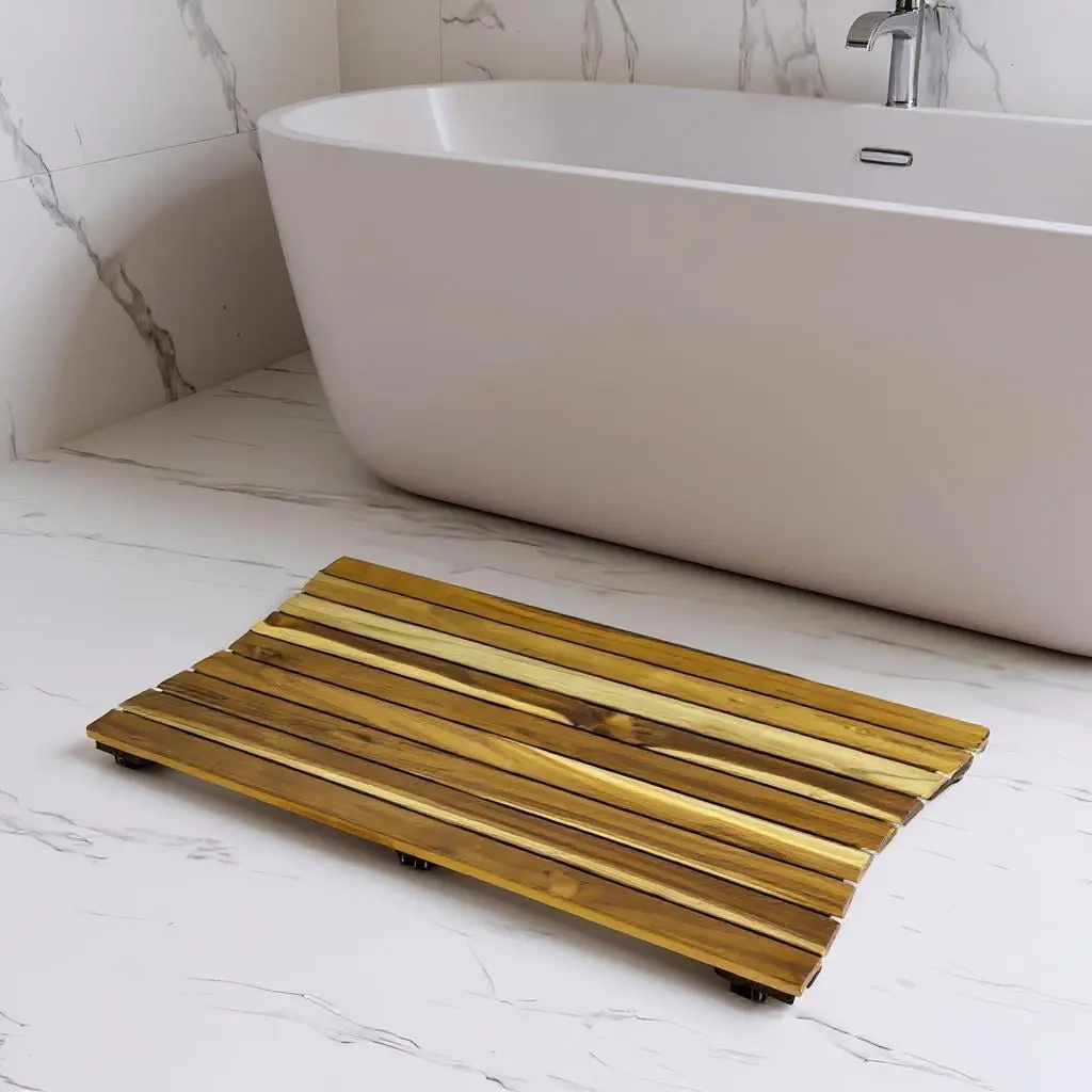 212 MAIN Traditional Teak Wood Rectangle Anti-Slip Bath Mat - 20x40x1in Brown Slats, Decorative Antibacterial Shower/Bath Accessory, Adjustable for Bathroom Use