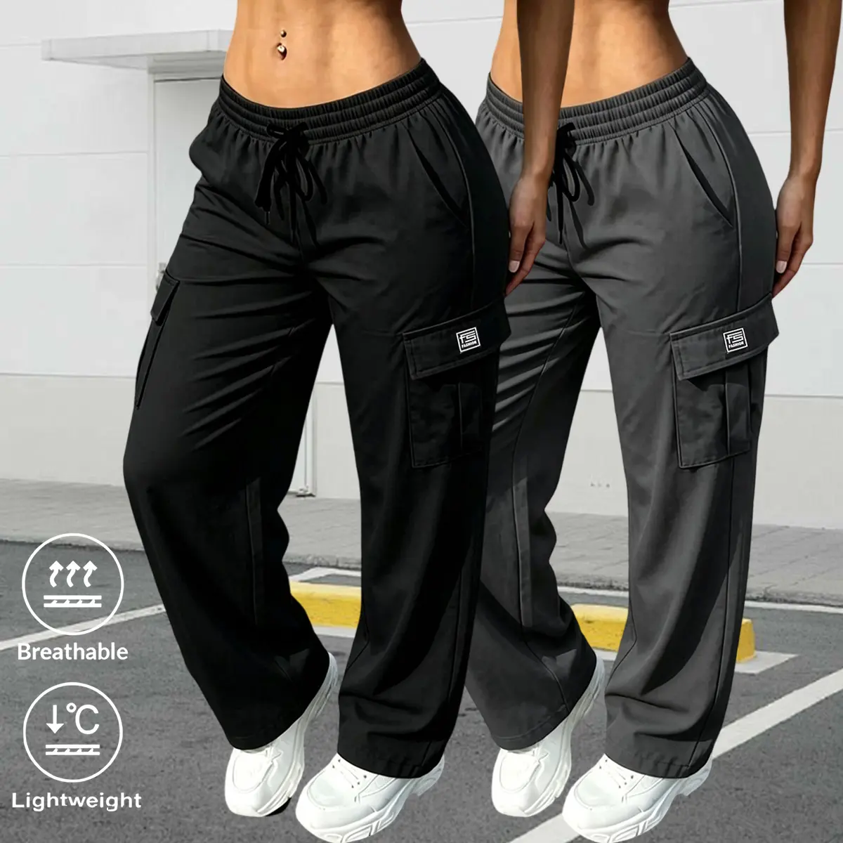 Pack of 2 women’s casual outdoor cargo pants with an elastic waistband and adjustable drawstring—suitable for outdoor work, leisure sports, parties/social events, and everyday wear; women’s casual long pants.