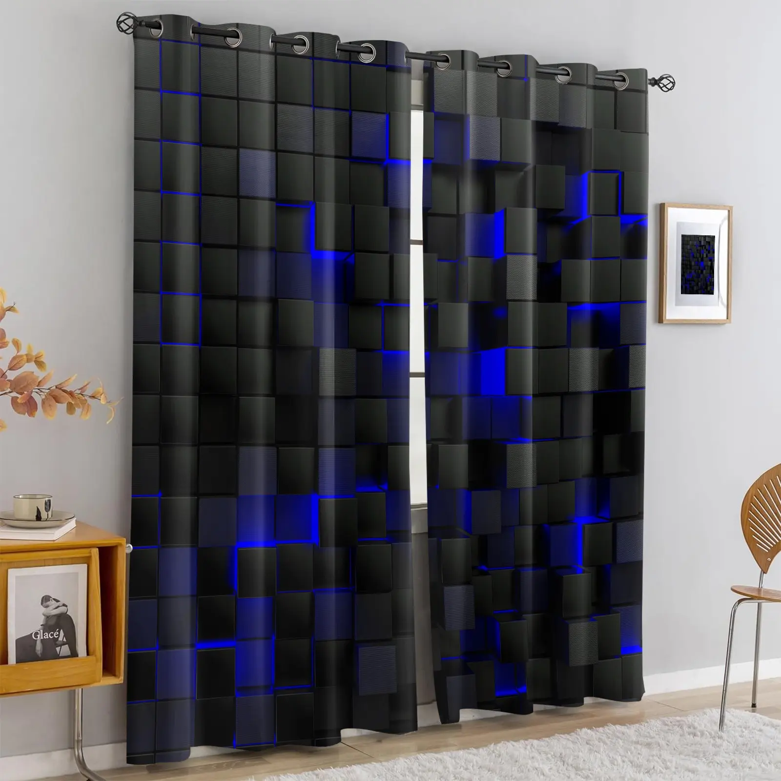 Cyberpunk 3D Black & Blue Geometric Curtains,Gamer Room Blackout Thermal Insulated Window Drapes,Light Blocking Noise Reducing Decor Curtains,Easy Install Modern Tech-Style Curtain Panels for Teens & Gamers for Bedroom Gaming Room Home Office