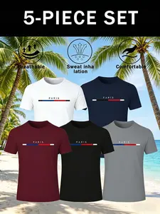 5-Pack Men's Moisture-Wicking Short Sleeve T-Shirts, Paris Letter Print & Striped Neck Design, 5 Colors, Summer Outdoor, Beach, Training, Casual Wear