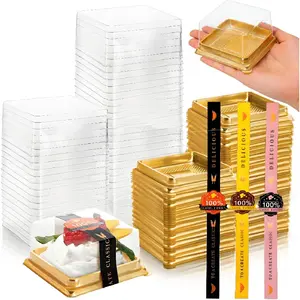 100 Pack 3 Inch Mini Cake Container, Small Clear Plastic Cupcake Box with Lids Stickers, Single Square Muffin Cookies Packing Box for Individual Chocolate, Wedding Party, Birthday