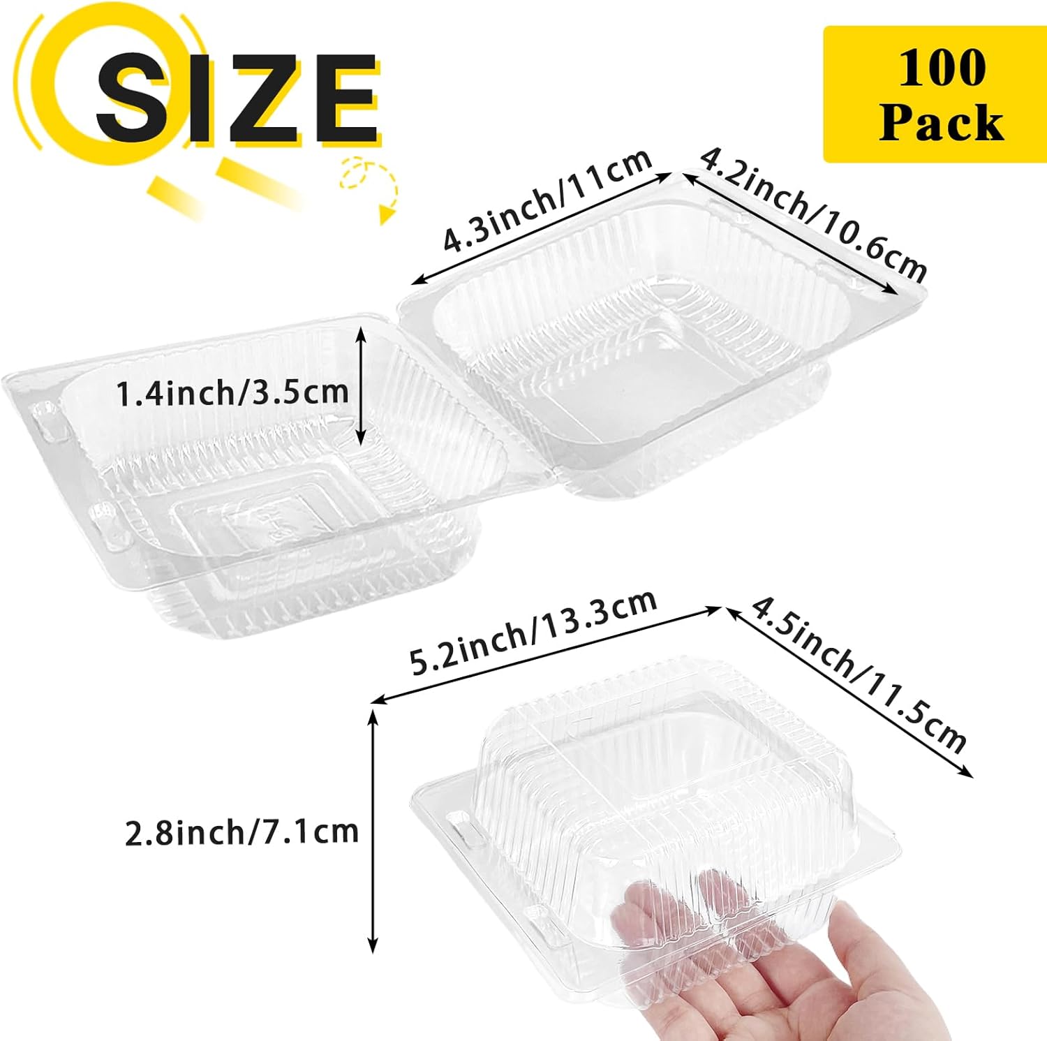 100 Pcs Clear Hinged Plastic Containers with Lids,Individual Cake Slice Containers,Square Plastic Food Container,Disposable Clamshell Take Out Containers for Cakes,Cookies,Pasta,Sandwiches,Salad