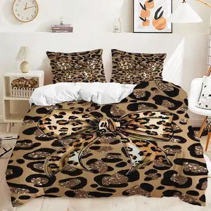 2/3Pcs Glamorous Leopard Bow Print Duvet Cover Set, Sparkling Glam Bedding Set with Glittery Accents, Soft and Stylish for Chic Bedroom Decor, Perfect for Animal Lovers and Trendsetters!Includes 1 or 2 Pillowcase - No filling/Zipper Closure