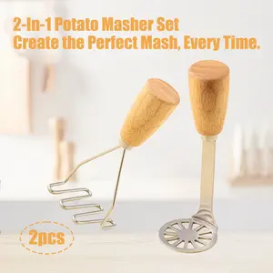 Potato Masher Set of 2 – Stainless Steel & Wooden Handle Kitchen Mashers for Potatoes, Vegetables, Fruits – Combo or Single Use, Easy to Clean & Durable