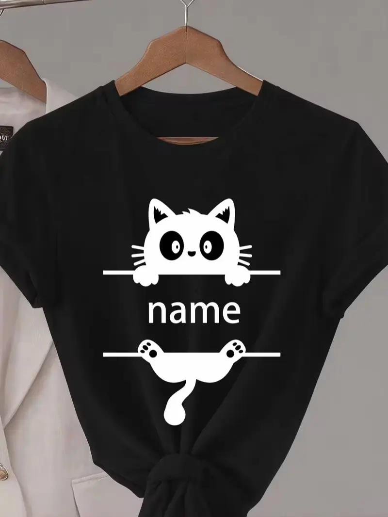 Black Customizable Cute Cat T-Shirt | Personalized Name Design,  Crew Neck, Pure Cotton Fabric For Summer