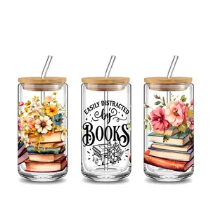 16oz Durable Glass Cup with Wooden Lid & Straw, 1 Count Vintage Book Lover Design Reusable Glass Cup, Drinking Cup for Home Office School, Drinkware