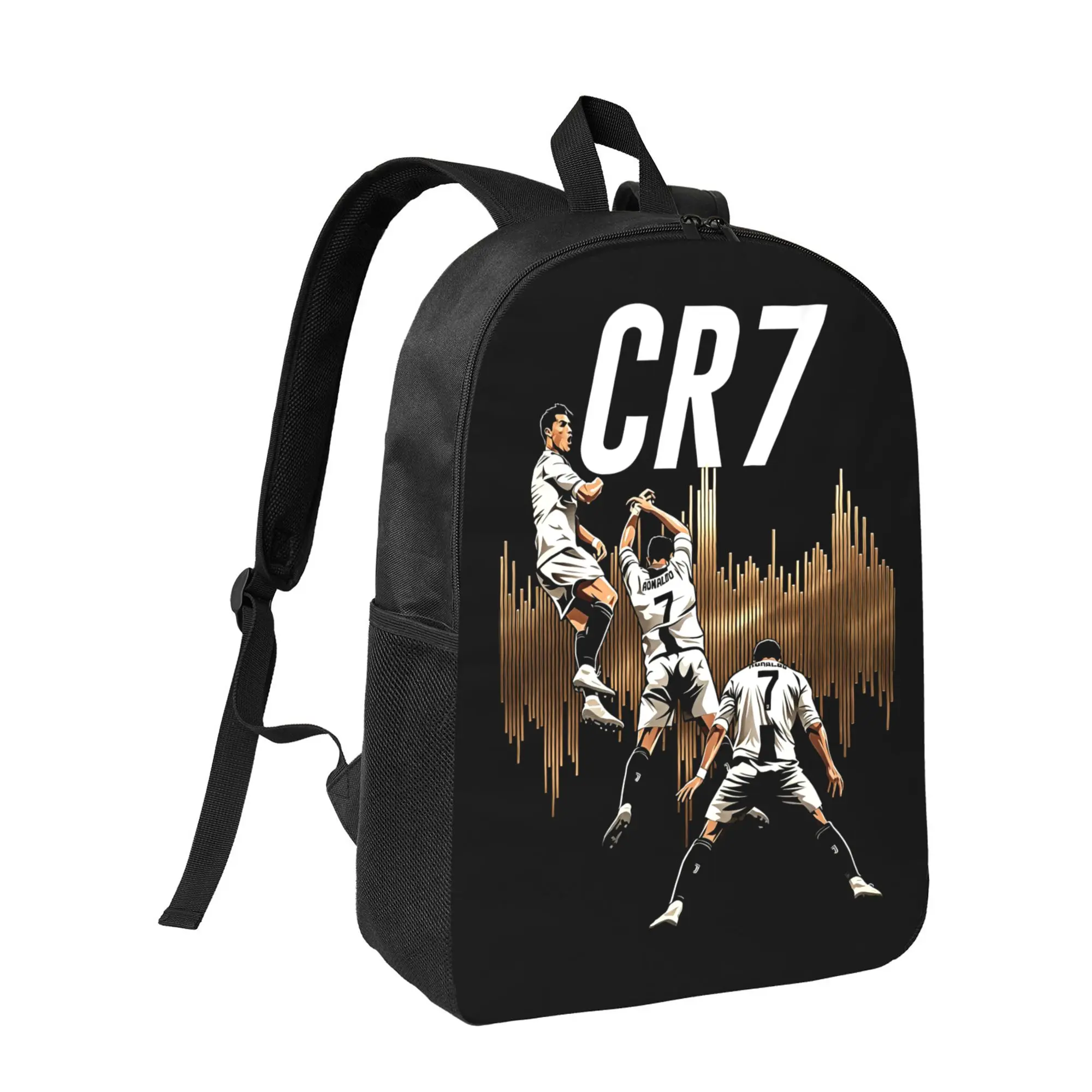 CR7 Ronaldo Graphic Backpack - Lightweight Durable  with Adjustable Straps & Zipper Closure, Black & White Dynamic Soccer Print for Teens & Adults, Sports & Casual Use