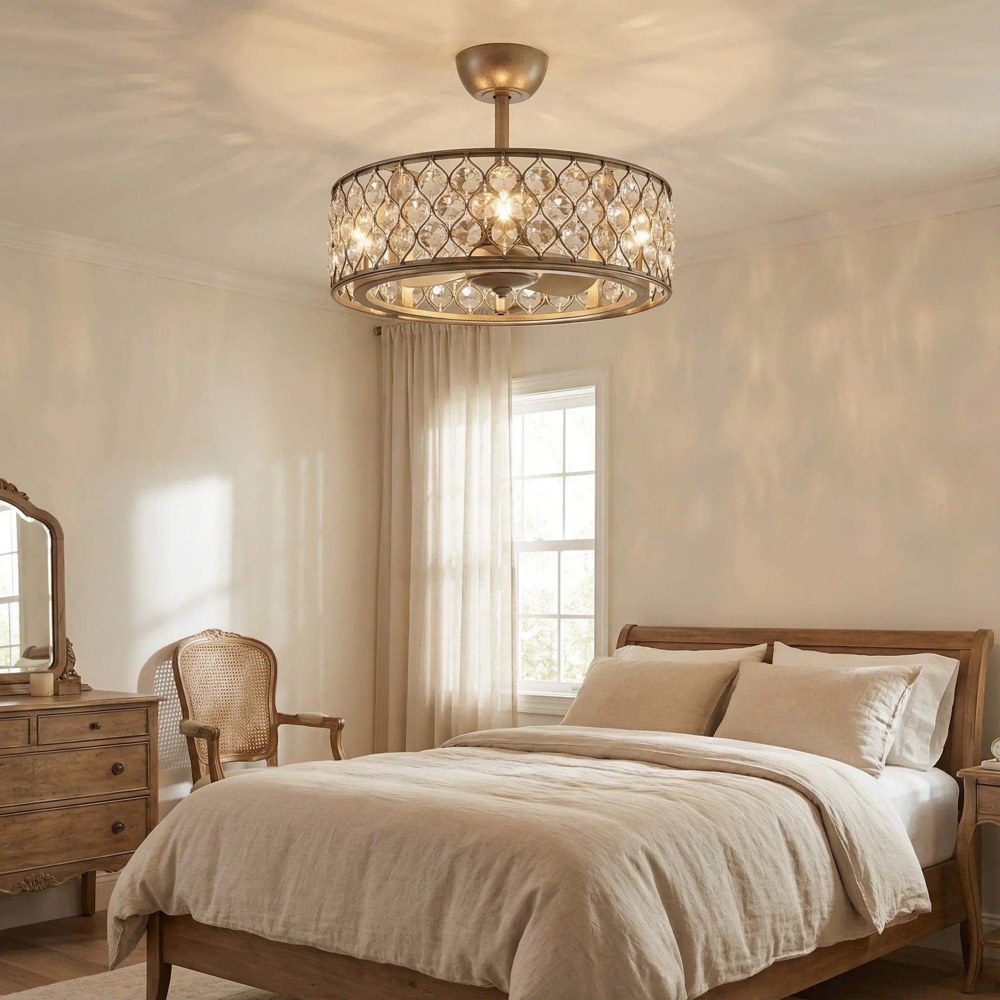 25" Modern Crystal Fandelier, Downrod Mount Ceiling Fan with LED Light & Remote Control