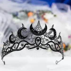 Gothic Gun Black Queen Crown for Women, Celestial Moon Star Tiara Headpiece, Retro Dark Royal Rhinestone Crown for Birthday Queen, Prom Party Photoshoot Accessories