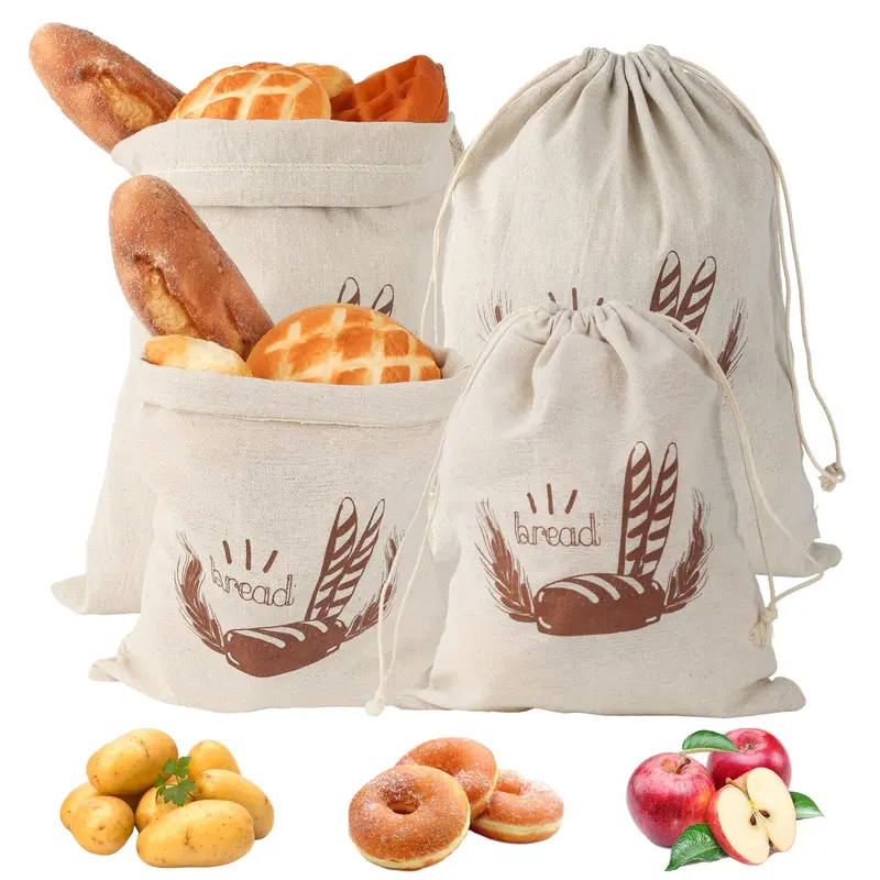 Linen Fabric Kitchen Bread Organiser Bags (4-Pieces, 2 Sizes: 25x30cm, 30x38cm) - Reusable Tight Drawstring Storage Bags with 1-Pull Tighten for Baguette, Daily Use