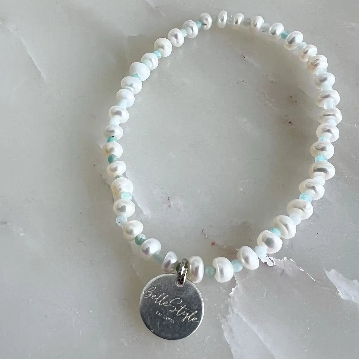 Caroline Freshwater Pearl Amazonite Sterling Silver 925 Logo Tag Bracelet