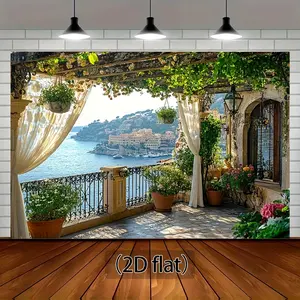Mediterranean Sea View 2D Flat Banner with Floral Pergola & Rustic Balcony for Romantic Getaways Vacations Garden-Themed Events Backdrop Photography Prop Party Banner Flower Landscape
