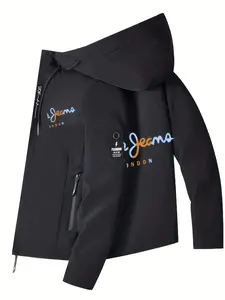 Men's Lightweight Hooded Zipper Jacket, Crown Letter Print, Casual Outdoor Sports Coat, Motorcycle Wear, Street Fashion Sport Design