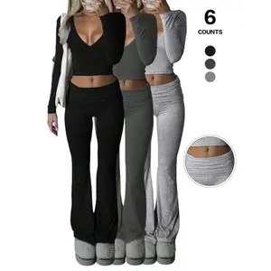 Women's 2 Piece Matching Set Long Sleeve Deep V Neck Crop Top and Foldover Flare Leggings Yoga Outfit Casual Activewear