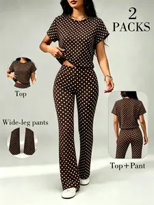 Women's Polka Dot Short Sleeve Top and Wide Leg Pants Set, Y2K Retro Style, Soft Breathable Streetwear, Gym, Daily, Vacation