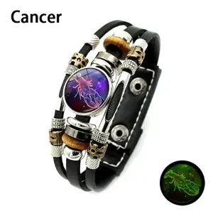 Virelyn Glow in the Dark Leather Zodiac Bracelet for Women and Men (6.9in/8.1in) 12 Constellation Horoscope Jewelry Premium Genuine Leather Adjustable Strap Vintage Wrap Design Ideal Gift for Astrology Lovers,Men's Accessories,Womens Gifts,Gifts For Women