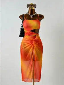 Women's Gradient Swimsuit Set + Beach Lace Skirt, Vacation Style, Waist Cinching Design, Lightweight Sheer Fabric, Pool Party Swimwear