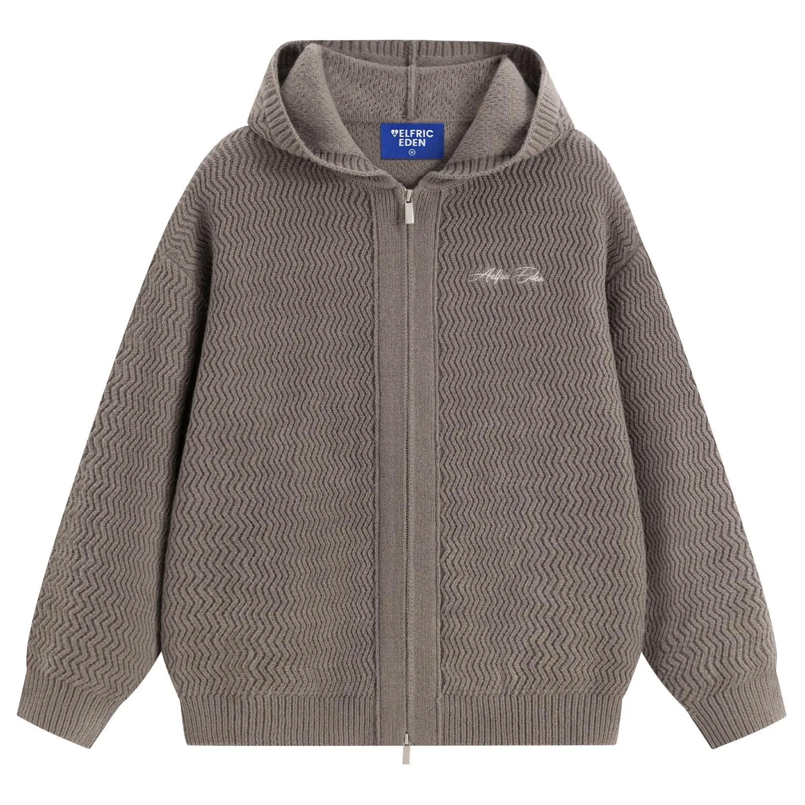 Aelfric Eden Chevron Knit Zip Up Hooded Cardigan Oversized Dropped Shoulder Fit Chevron Knit Texture Hooded Zip Up Silhouette Ribbed Cuffs & Hem Soft Knit Fabric Minimalist Streetwear Unisex Outerwear