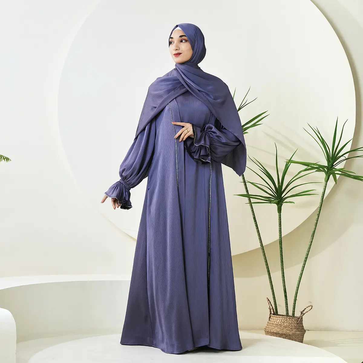 3-Piece Ruffle Sleeve Haiya Abaya Set with Sparkling Rhinestone (NCS006)