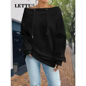 [2025 New Off Shoulder Sweatshirt] Women'S White Solid Off Shoulder Pullover Drawstring Sweatshirt - 2025 Spring New Fashion Sweatshirts For Women - Soft Long Sleeve Drawstring Hoodie Sports Casual Neck Sweatshirt Dolman Sleeve T Shirt Tops