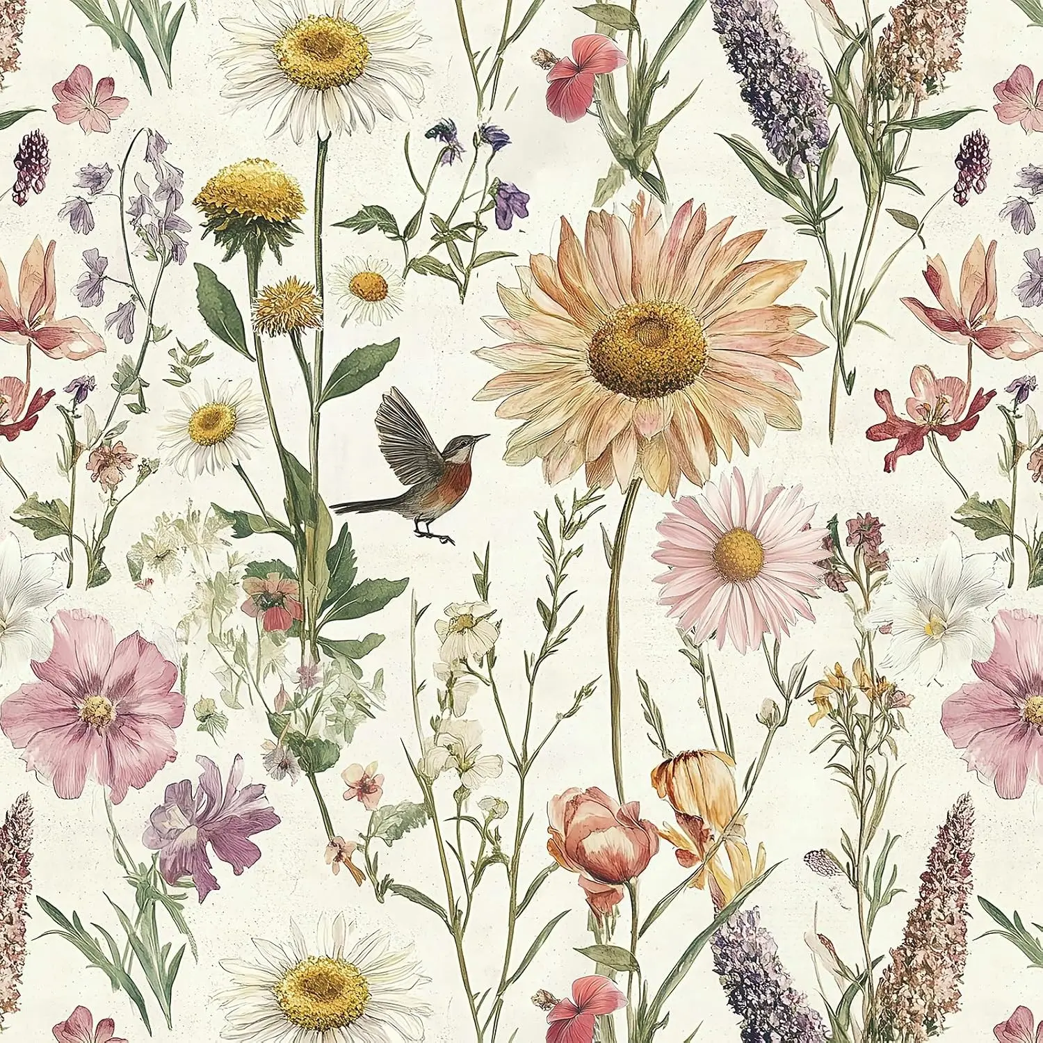 Floral Peel and Stick Wallpaper Bird Contact Paper 16.9inch x 118.1inch Vintage Flower Self Adhesive Botanical Decor for Bathroom Vinyl